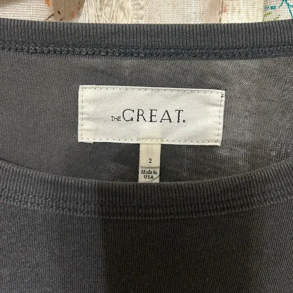 The Great. Ribbon Tuxedo Gray Short Sleeve Top Size 2 Medium. EUC - Picture 2 of 4